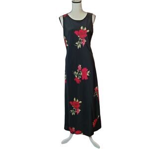 Vintage 90s Styleworks Women's Sz 12 Black Floral Print Maxi Sheath Dress